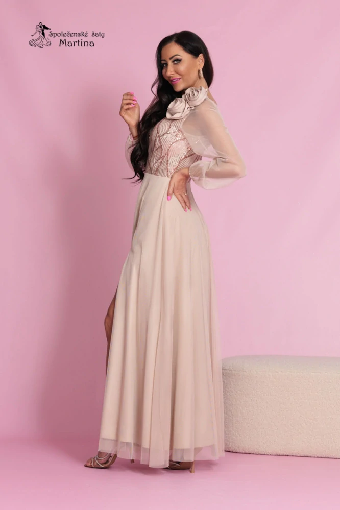 Béžové plesové šaty s dlouhými tylovými rukávy a sukní "Saffron"