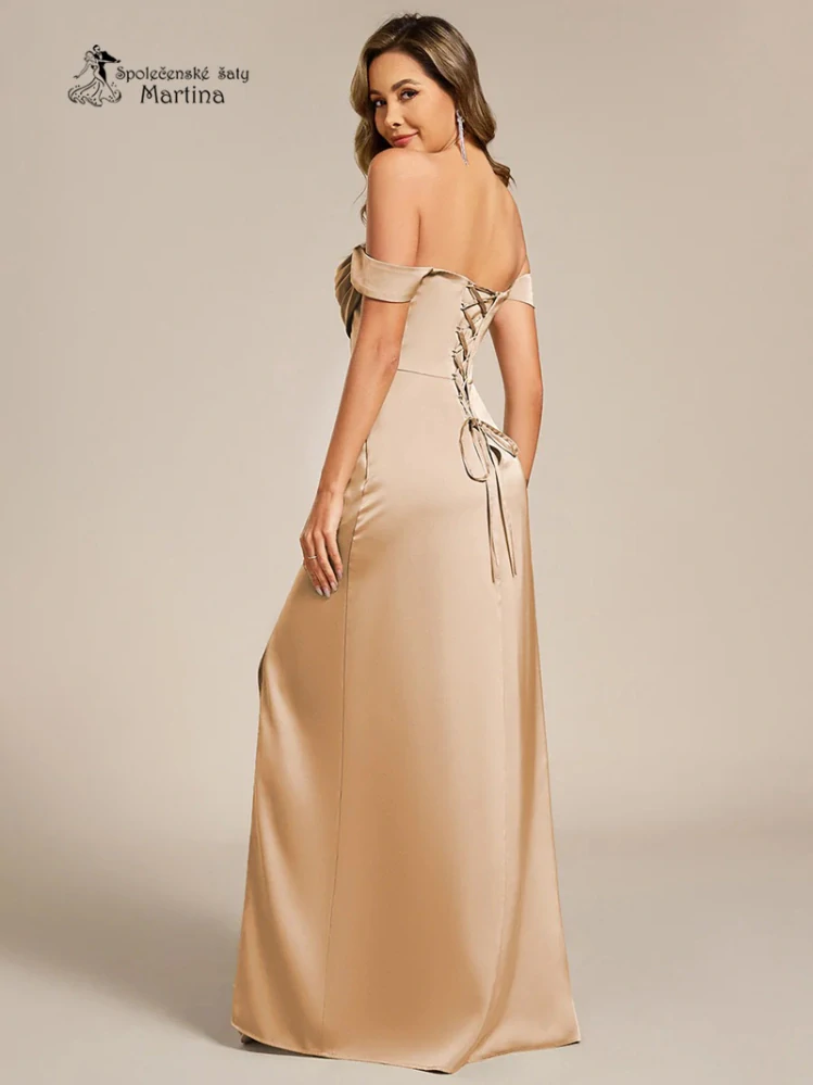 Zlaté saténové společenské šaty se spadenými ramínky a na šněrování "Blanca"