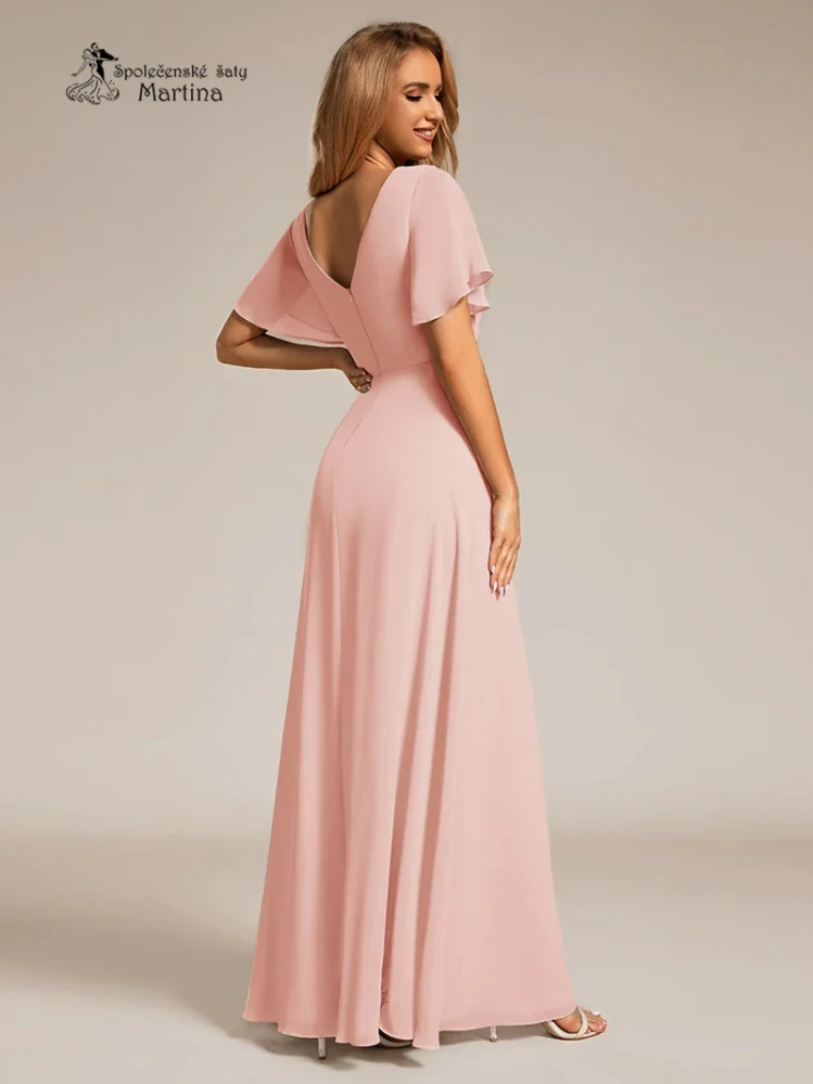 Elegantní růžové společenské šaty s volnějším krátkým rukávem "Janine"