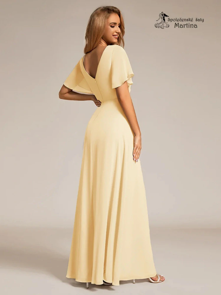 Elegantní žluté společenské šaty s volnějším krátkým rukávem "Janine"