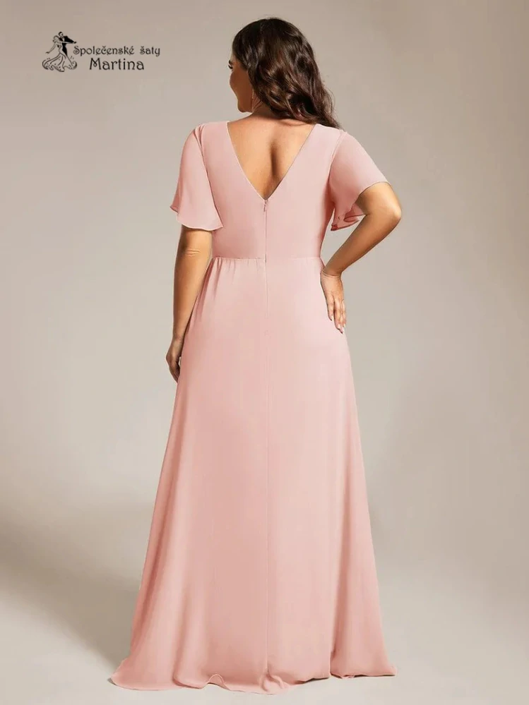 Elegantní růžové plus size společenské šaty s volnějším krátkým rukávem "Janine"