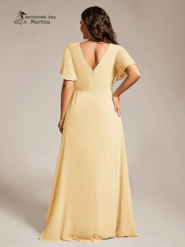 Elegantní žluté plus size společenské šaty s volnějším krátkým rukávem "Janine"