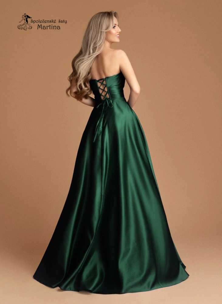 Lahvově zelené maturitní saténové šaty "Alizee" na šněrování