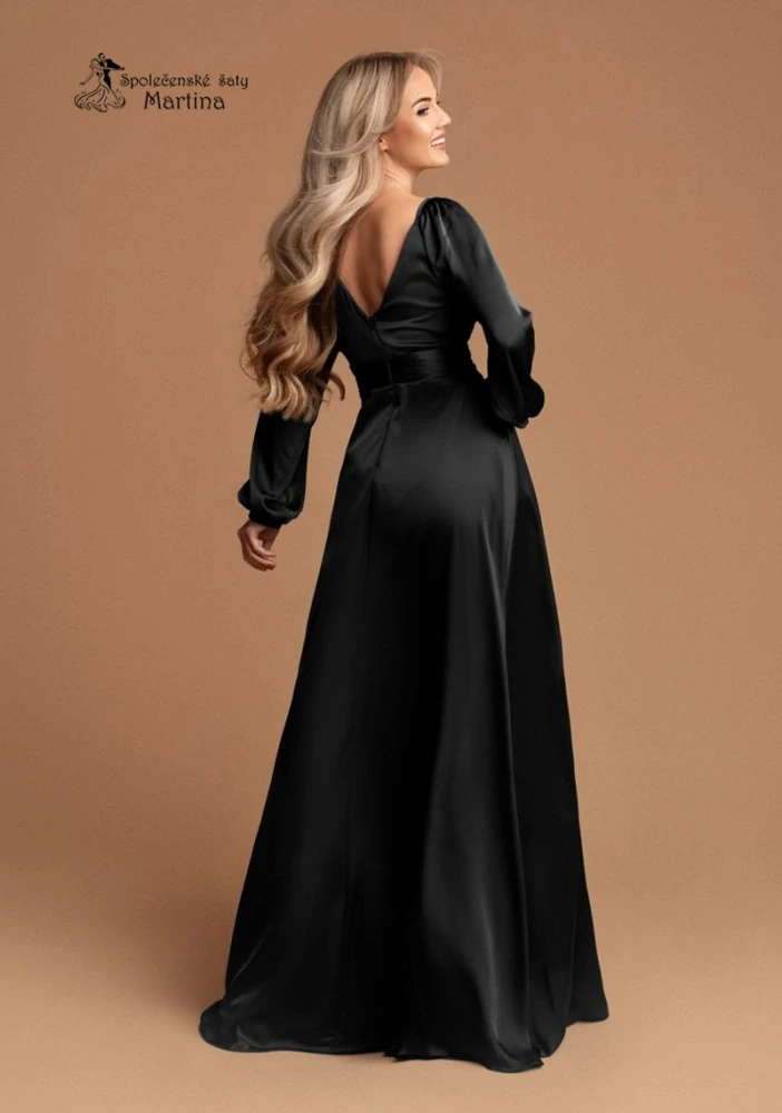 Černé saténové dlouhé společenské šaty "Karine" s dlouhým rukávem