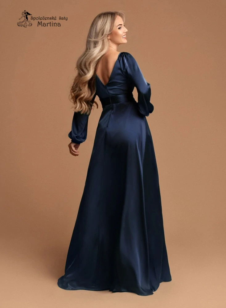 Tmavě modré saténové dlouhé společenské šaty "Karine" s dlouhým rukávem - vel. M