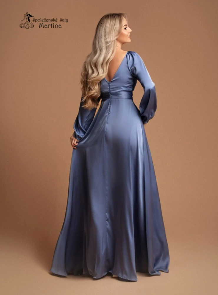 Staromodré saténové dlouhé společenské šaty "Karine" s dlouhým rukávem - vel. M