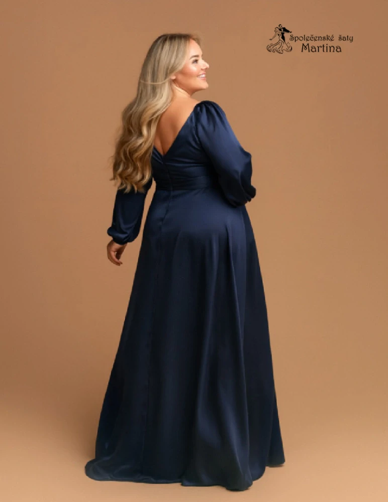 Tmavě modré XXL saténové dlouhé společenské šaty "Karine" s dlouhým rukávem - vel. 48