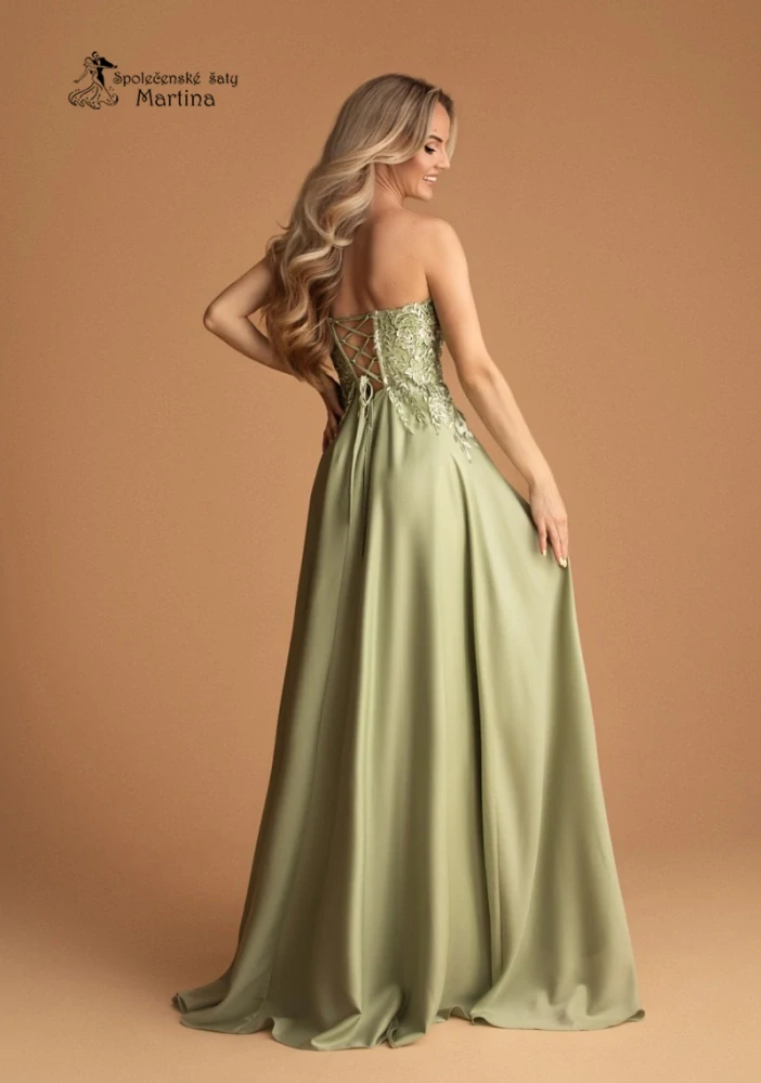 Šalvějově zelené společenské šaty "Madeleine" s krajkovým živůtkem a saténovou sukní - vel. L
