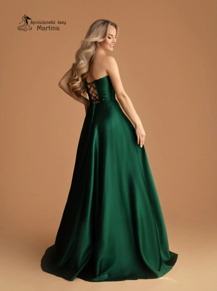 Lahvově zelené korzetové saténové maturitní šaty "Ruth" na šněrování - vel. L