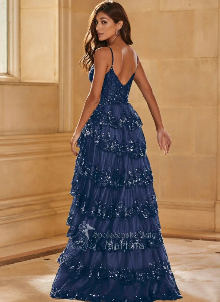 Tmavě modré tylovo-flitrové společenské šaty "Juanita" s volánovou sukní a rozparkem - vel. 42