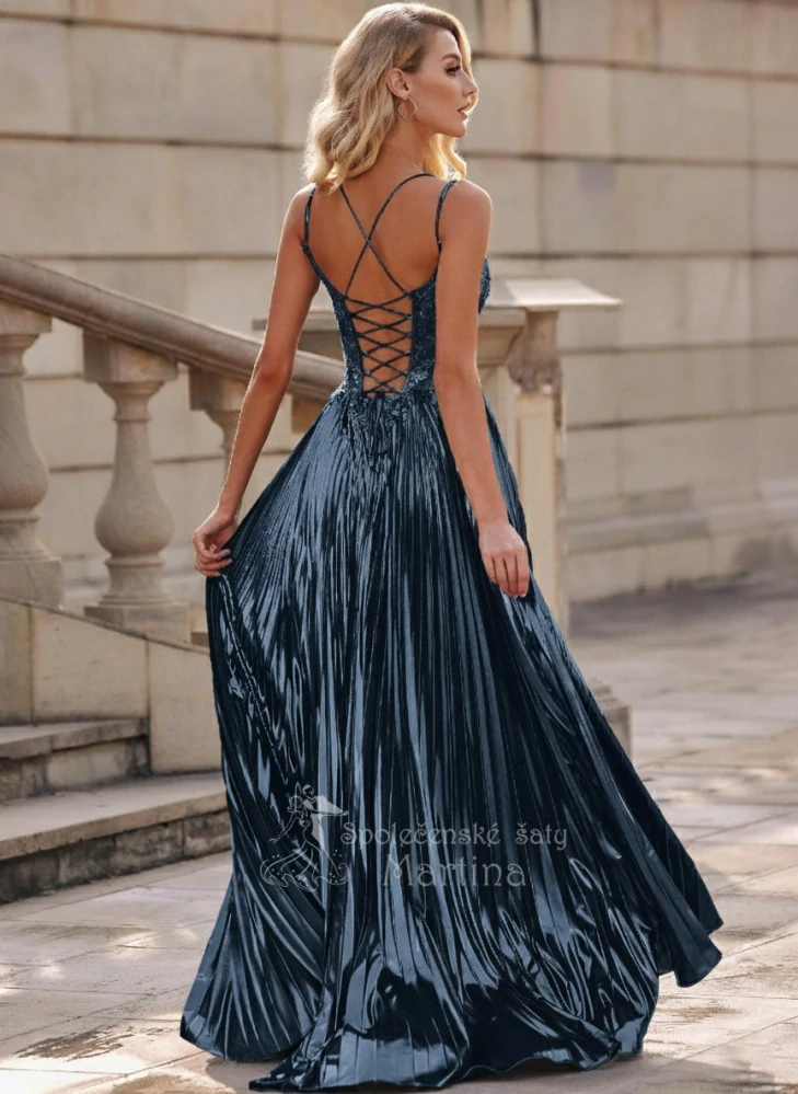 Tmavě modré společenské šaty "Indie" s plisovanou sukní a korzetovým živůtkem