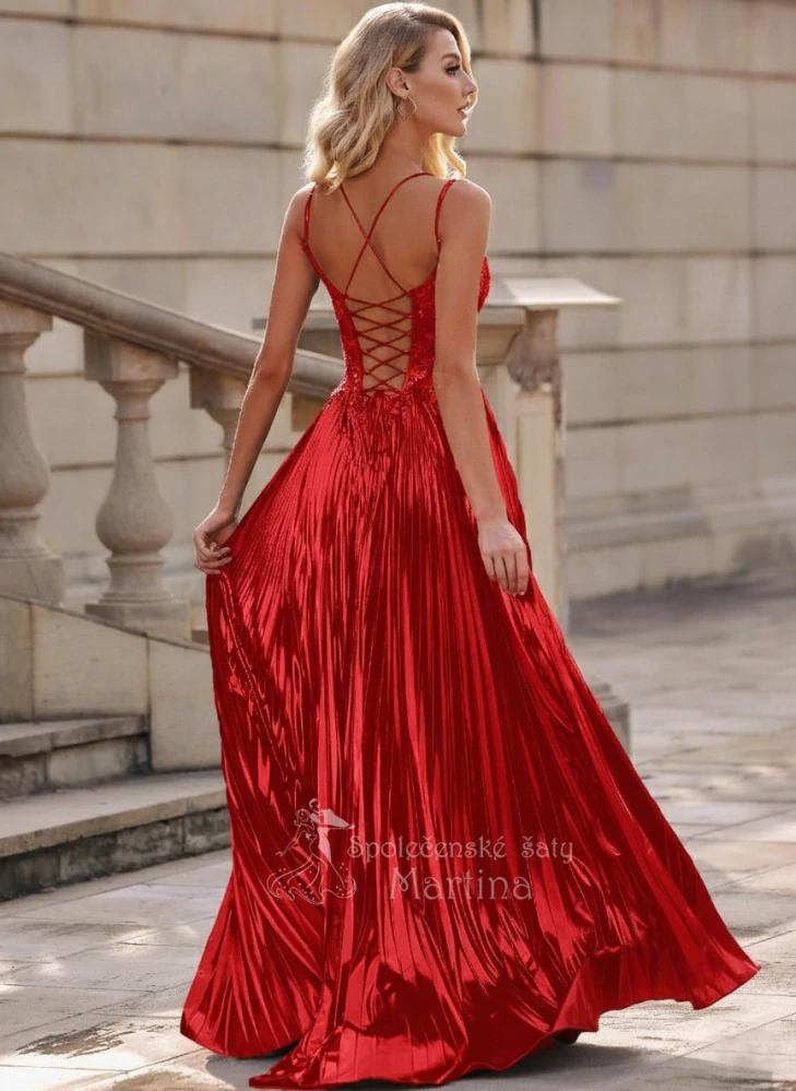 Červené společenské šaty "Indie" s plisovanou sukní a korzetovým živůtkem - vel. 38