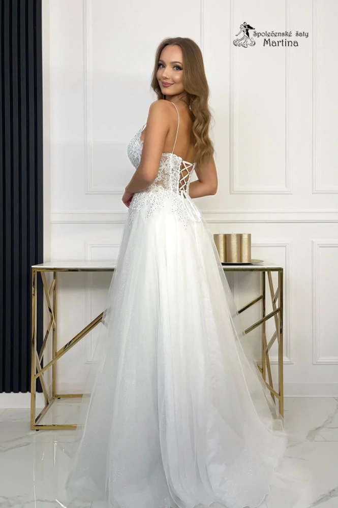 Bílé svatební tylové šaty či na věneček "Selena" s korzetovým živůtkem, třpytkami a rozparkem - vel. S