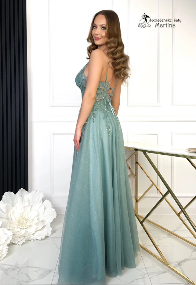 Eukalyptové plesové šaty "Ferrero" s vyšívaným korzetem a jemným třpytem - vel. L