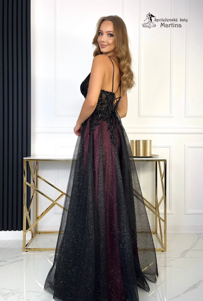 Černo-růžové plesové šaty "Ferrero" s vyšívaným korzetem a jemným třpytem - vel. XS