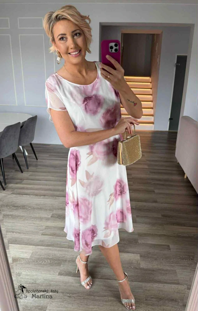 Bílé společenské šaty "Leandra" s růžovým květinovým vzorem - vel. 46