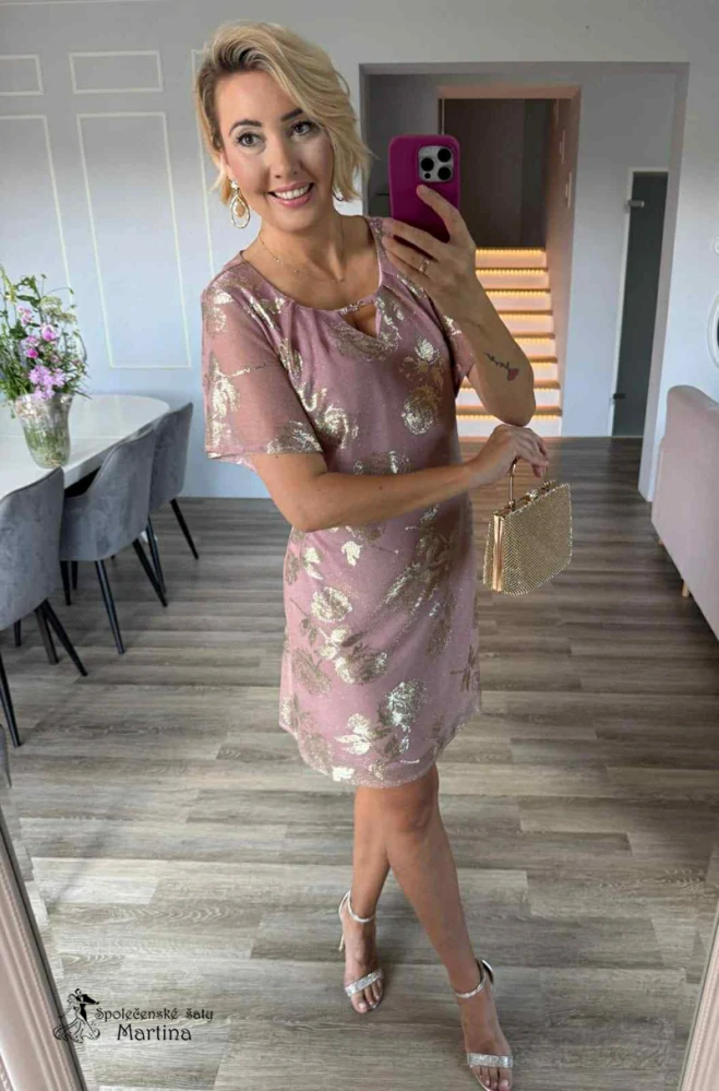 Krátké starorůžové společenské šaty "Zanna" se zlatým květinovým vzorem - vel. 42