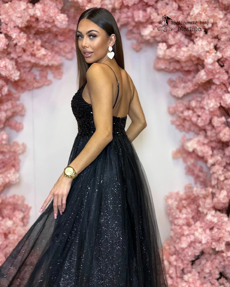Černé třpytivé maturitní šaty "Emily" se zdobeným živůtkem - vel. 36