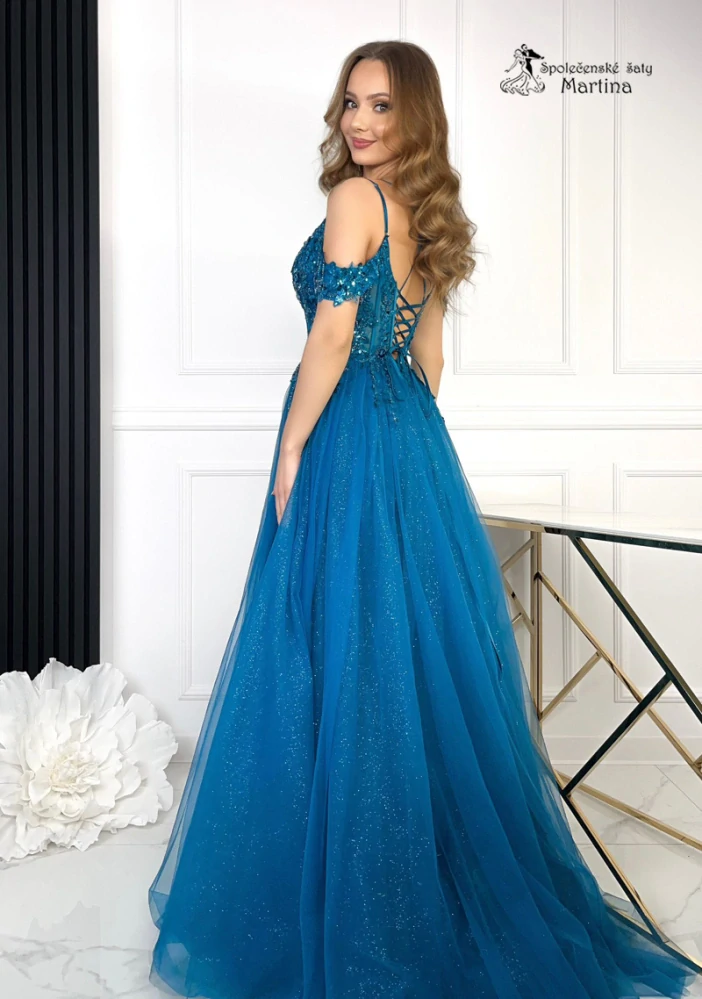 Petrolejové třpytivé společenské šaty "Inéza" se spadenými ramínky - vel. M