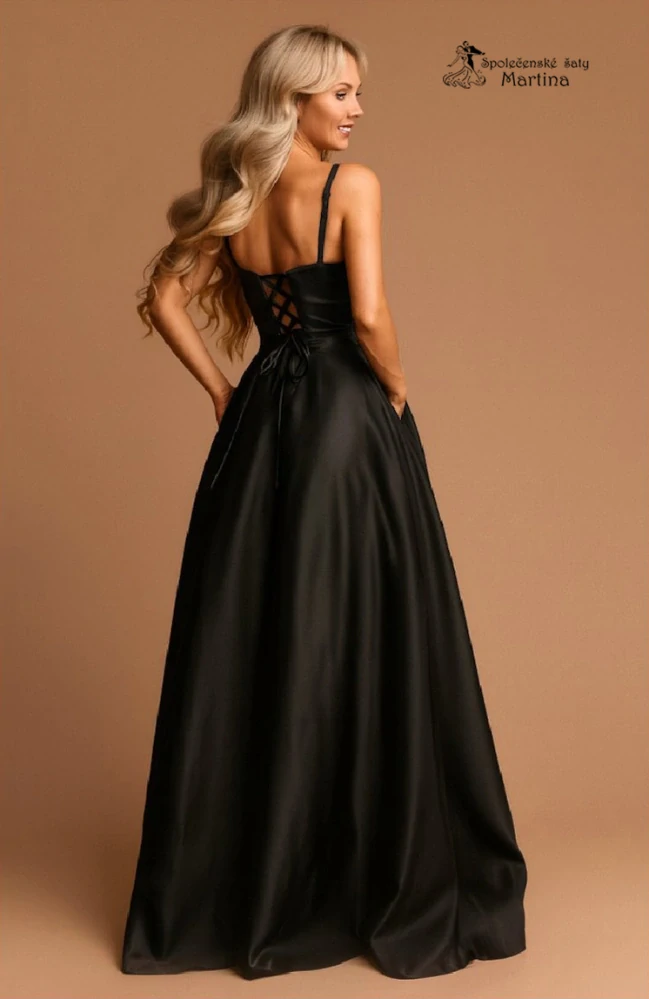 Černé saténové maturitní šaty "Helen" s kapsami - vel. L