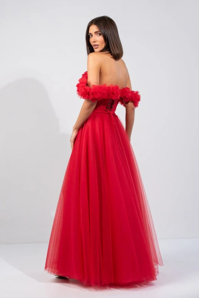 Exkluzivní červené tylové společenské šaty "Minerva" s rozparkem a korzetovým živůtkem - vel. 36