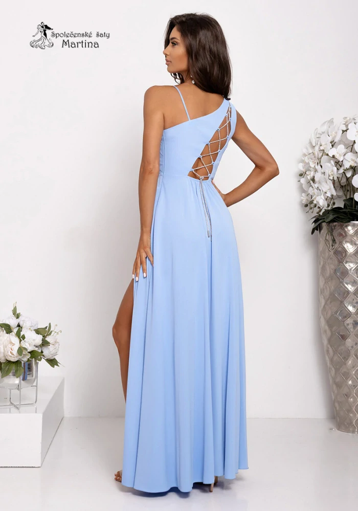 Světle modré společenské šaty "Monako" na jedno rameno a šněrováním na zádech - vel. 38