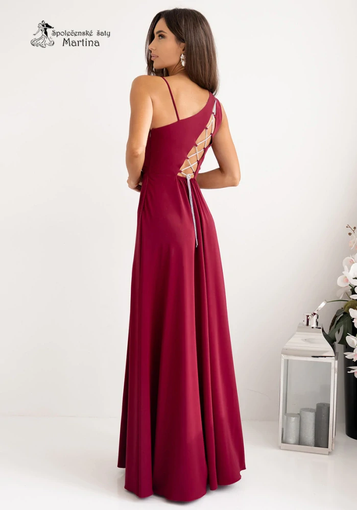 Vínové společenské šaty "Monako" na jedno rameno a šněrováním na zádech - vel. 40