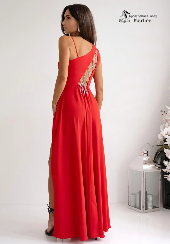 Červené společenské šaty "Monako" na jedno rameno a šněrováním na zádech