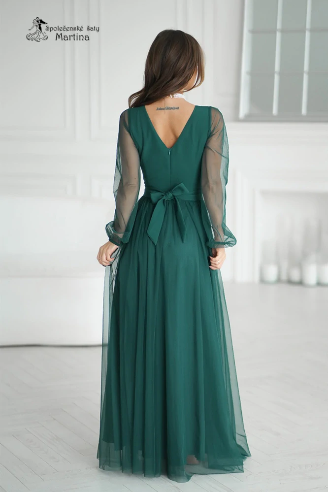 Lahvově zelené tylové společenské šaty "Alisha" s poloprůhlednými rukávy - vel. 40