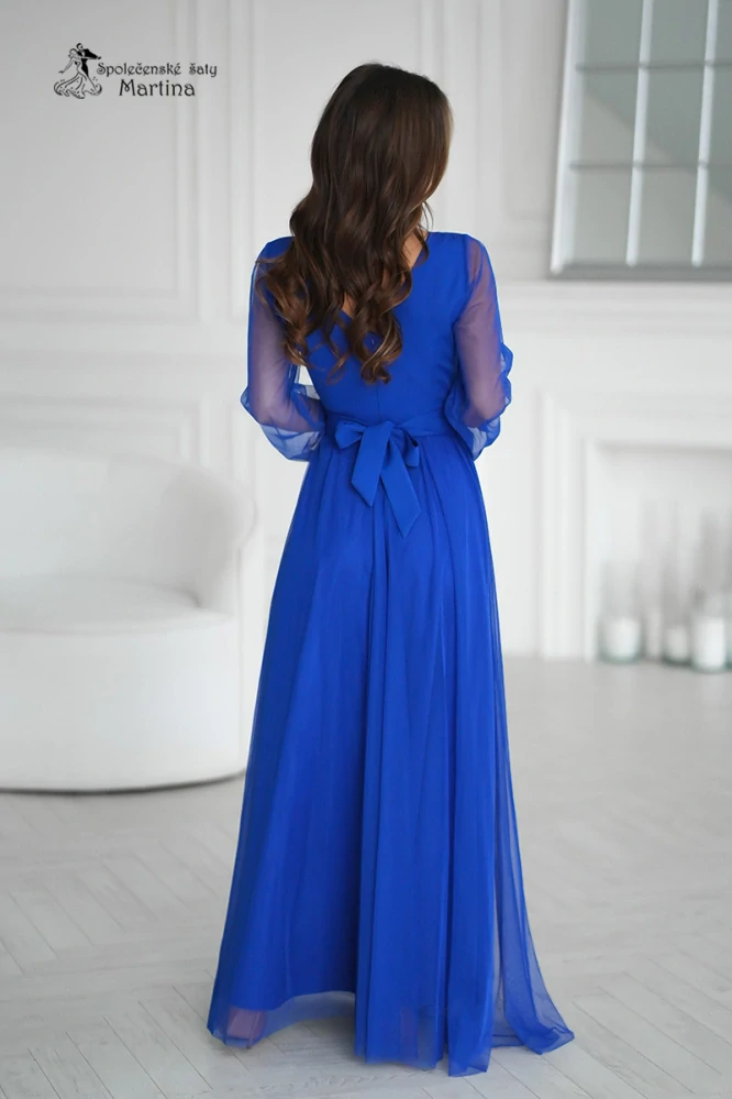 Královsky modré tylové společenské šaty "Alisha" s poloprůhlednými rukávy