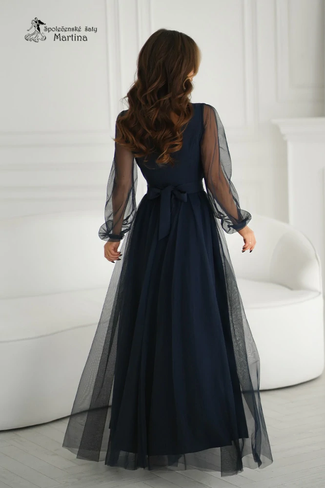 Tmavě modré tylové společenské šaty "Alisha" s poloprůhlednými rukávy - vel. 36
