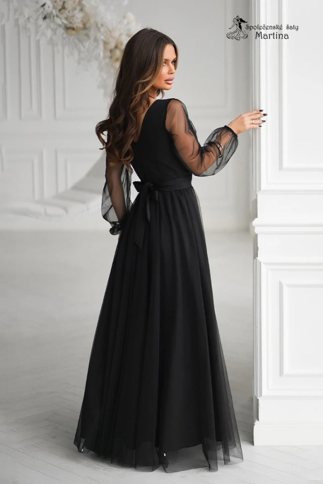 Černé tylové společenské šaty "Alisha" s poloprůhlednými rukávy - vel. 38