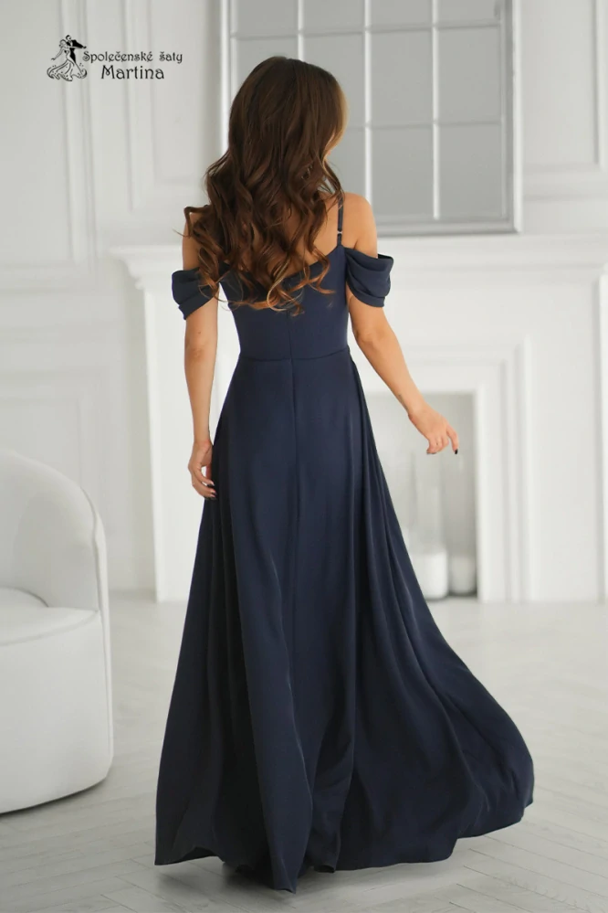 Tmavě modré hladké společenské šaty "Sunny" s ramínky a efektně spadlými rukávy