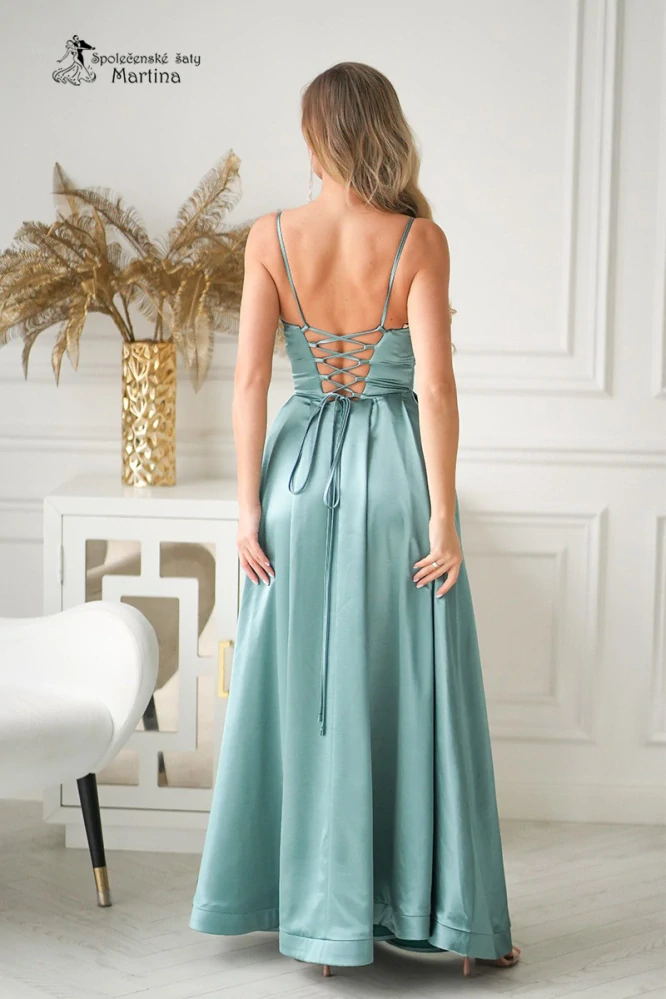 Mintové společenské šaty "Eleven" se šněrováním na zádech a mírným leskem - vel. 34