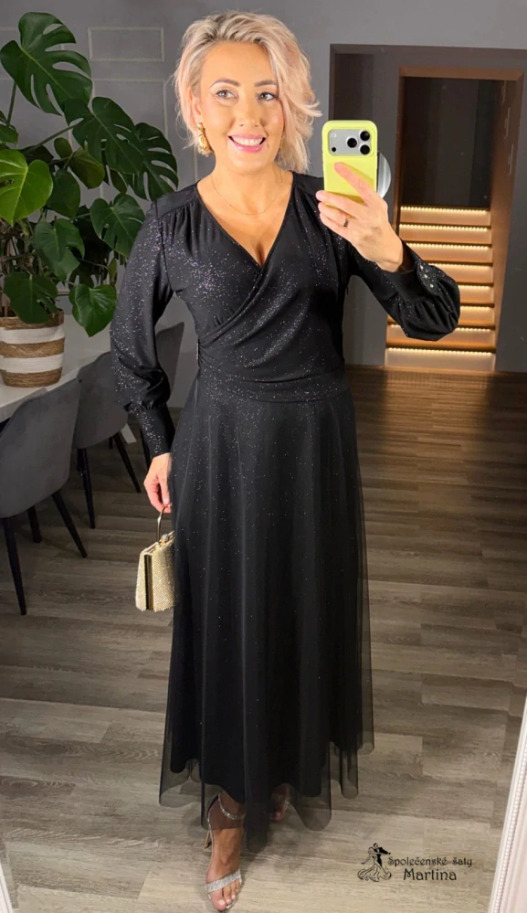 Černé třpytivé společenské šaty "Harlow" s lehkou tylovou sukní - vel. 48