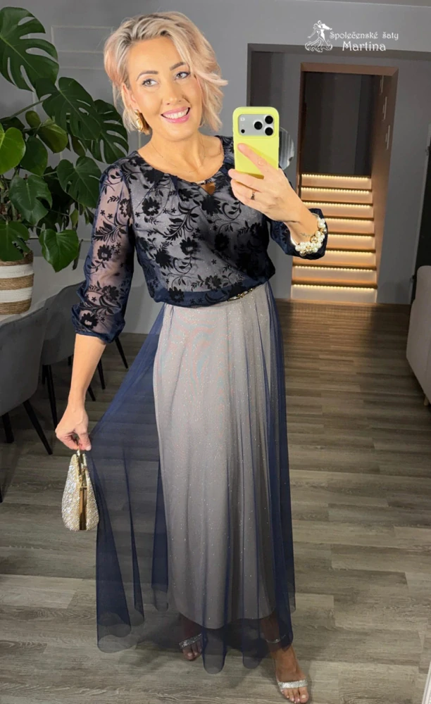 Tmavě modré společenské šaty "Selah" se zdobeným živůtkem a třpytivou tylovou sukní - vel. 46
