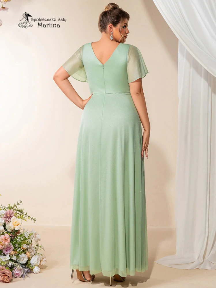 Zelenkavé společenské šaty "Jola" s jemným třpytem a motýlími rukávy - vel. 44