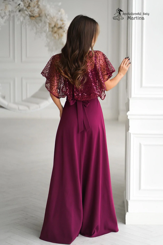 Vínové společenské šaty "Phoenix" s flitrovým živůtkem a rozparkem