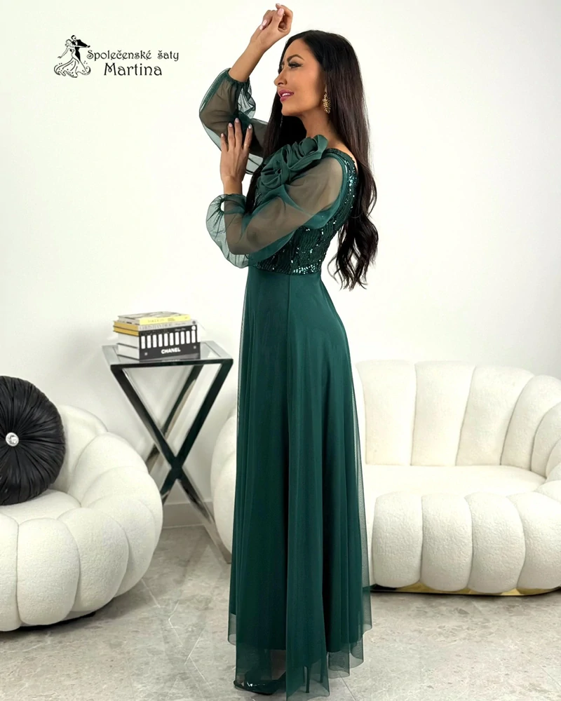 Zelené společenské šaty "Saffron" s květinovou aplikací a flitrovým živůtkem - vel. 36