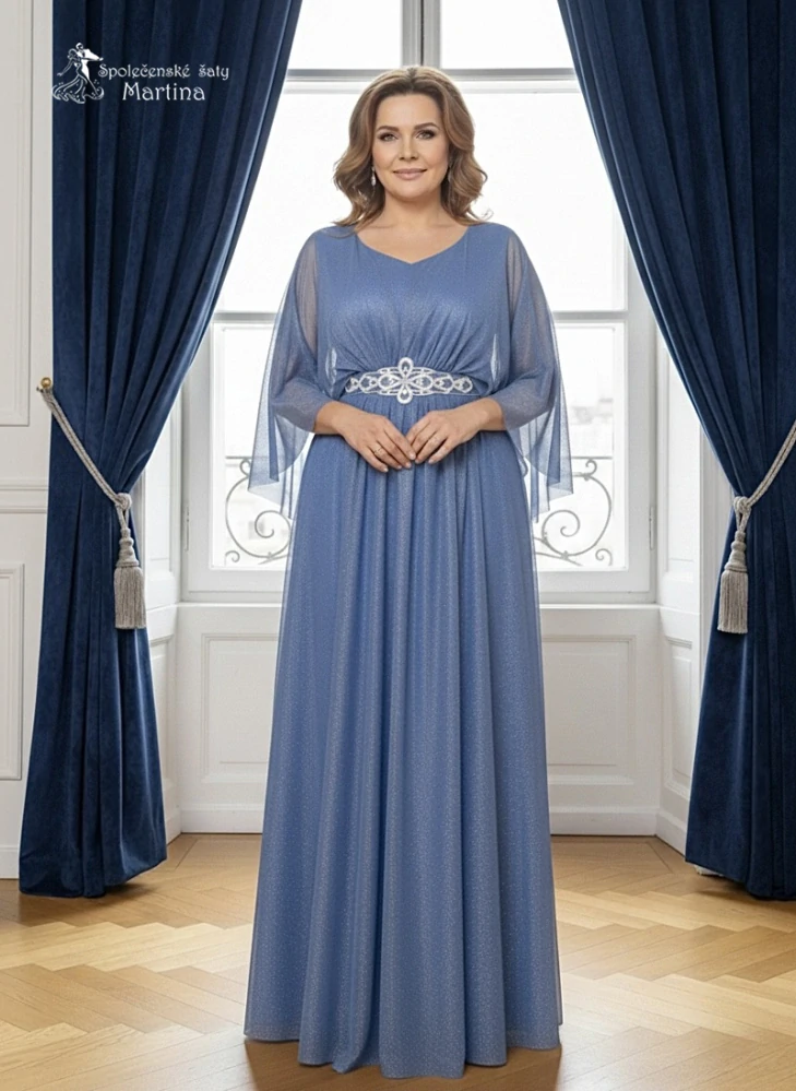 Staromodré jemně třpytivé společenské šaty "Izabella" s motýlími rukávy - vel. 54