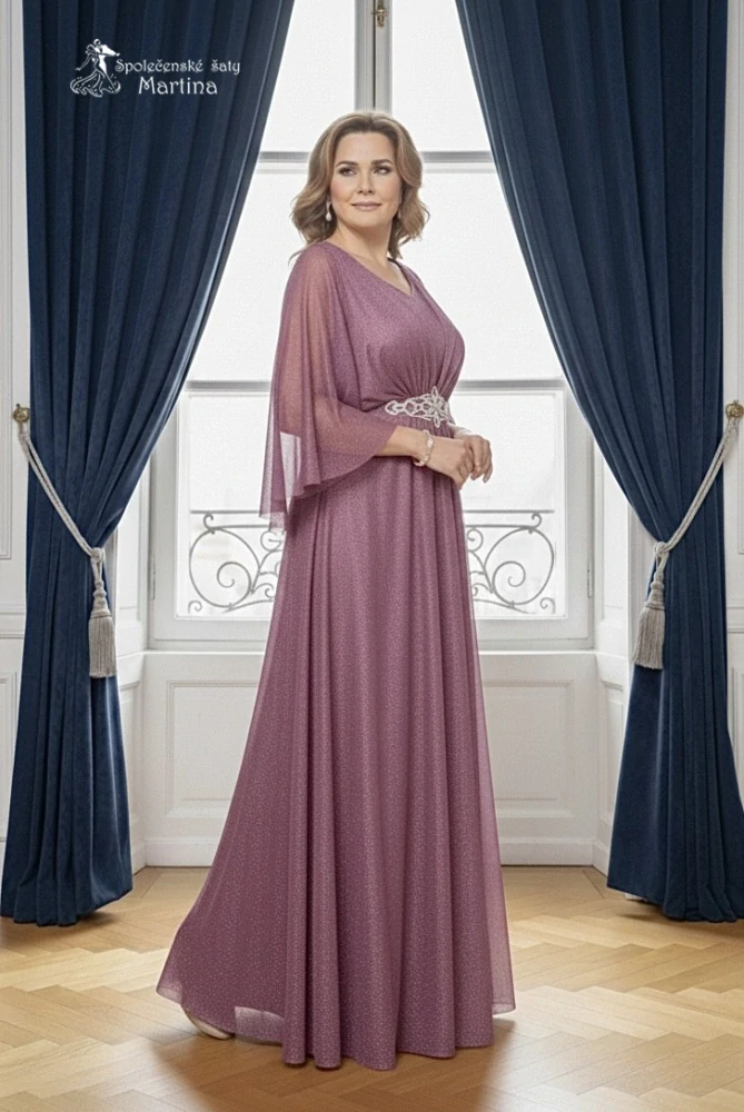 Šeříkové jemně třpytivé společenské šaty "Izabella" s motýlími rukávy - vel. 56