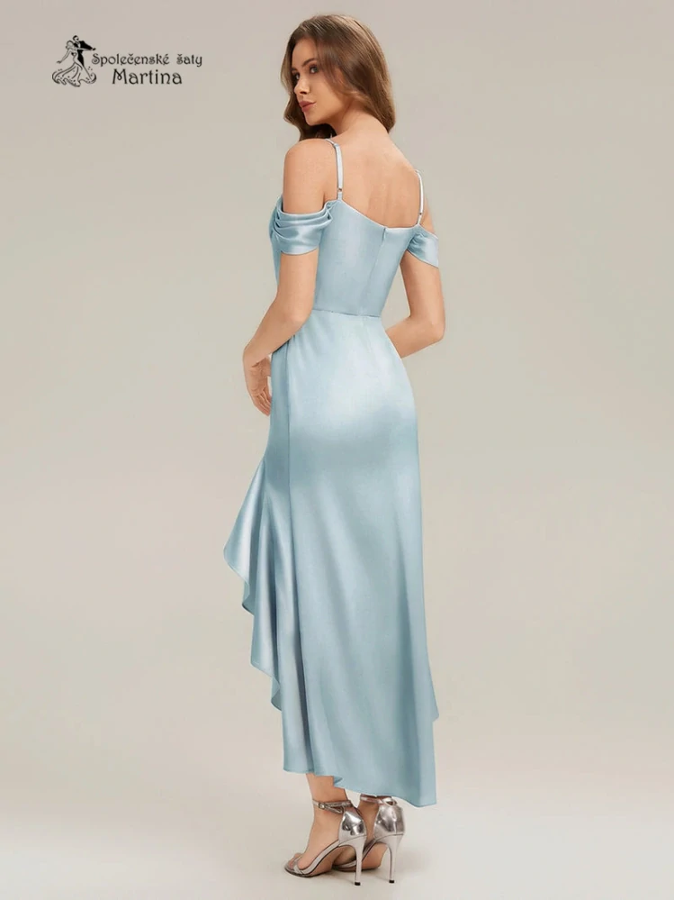 Ledově modré saténové společenské šaty "Claudette" s volánem a spadenými ramínky - vel. 34