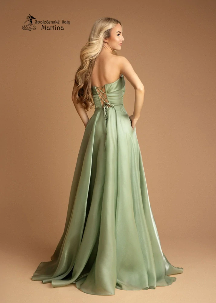 Pastelově zelené společenské šaty "Nancy" z jemné organzy s korzetovým živůtkem - vel. S