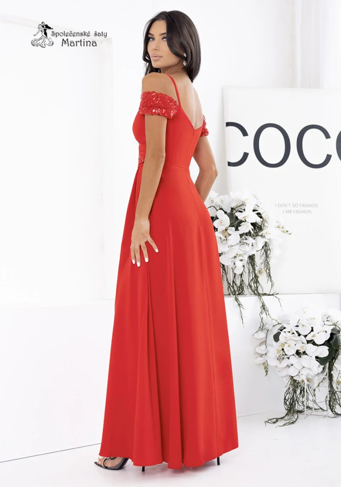 Lehké červené společenské šaty "Jeri" s flitrovým zdobením a rozparkem