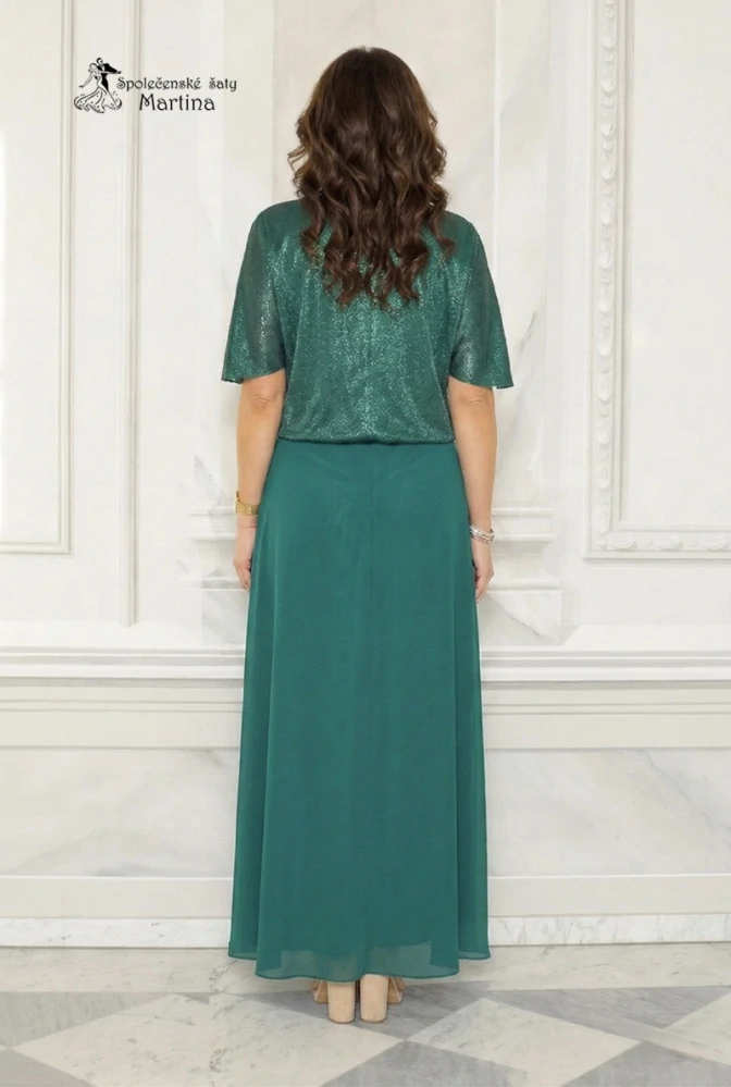 Smaragdově zelené dlouhé šaty "Lexa" s brokátovým živůtkem a šifonovou sukní - vel. 48