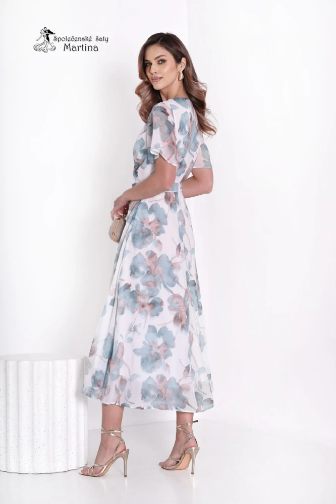 Šalvějové lehké květované šaty "Perle" s překládaným výstřihem a páskem - vel. 46