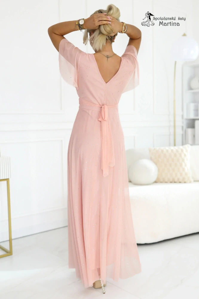 Broskvové třpytivé společenské šaty "Melania" s volnými rukávky