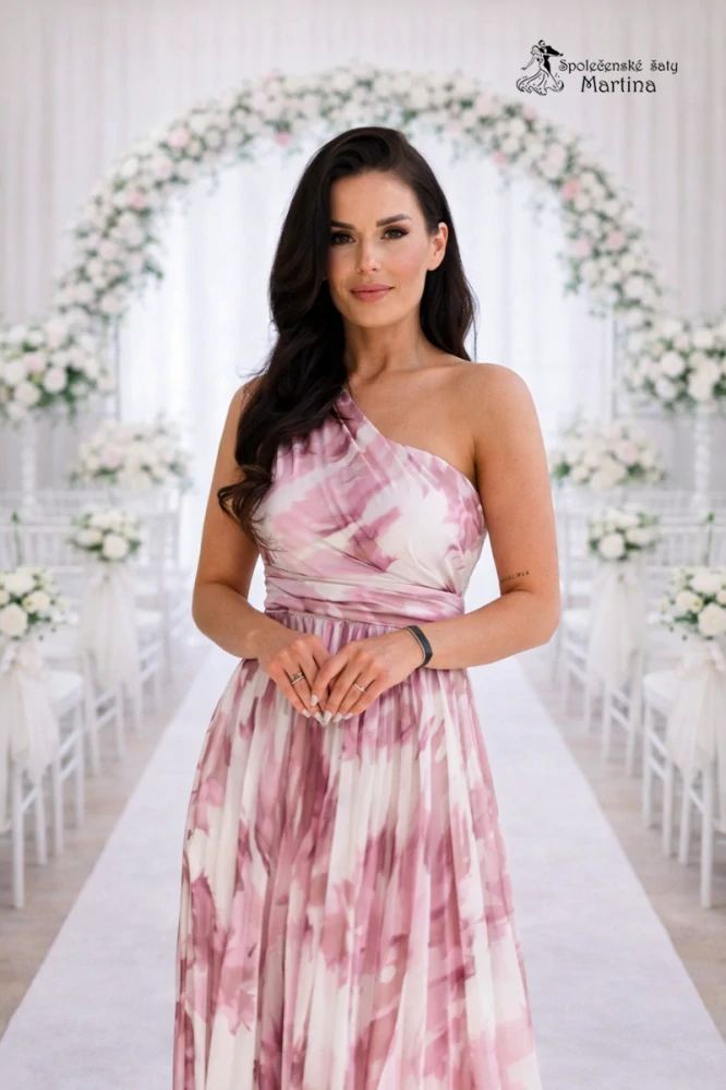 Starorůžové společenské šaty "Elbise" na jedno rameno s plisovanou sukní - vel. 38