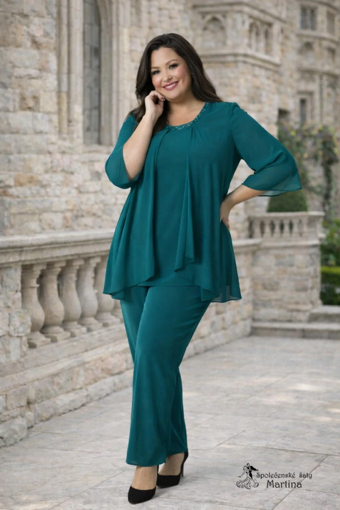 Zelený 2-dílný společenský kalhotový kostým "Leokadia" - vel. 54