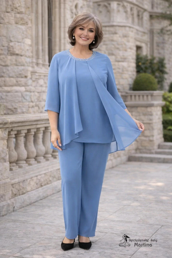 Staromodrý 2-dílný společenský kalhotový kostým "Leokadia"